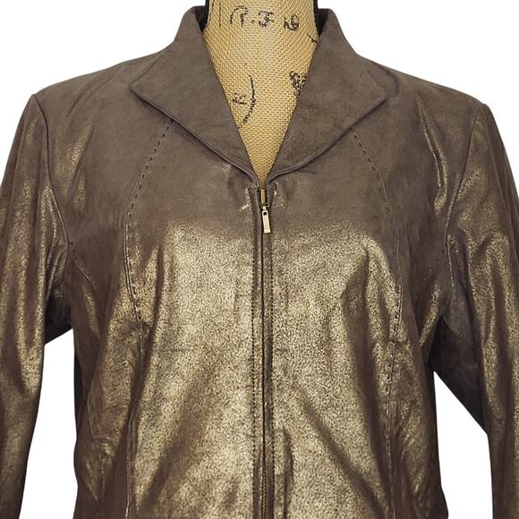 Coldwater Creek Brown Gold Shimmer Suede Leather Zip Up Western Jacket Size Med - Picture 3 of 12